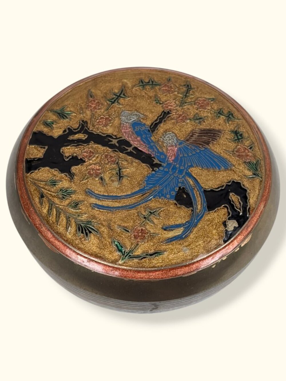 Vintage Brass Enamelled Trinket Dish with Lid
